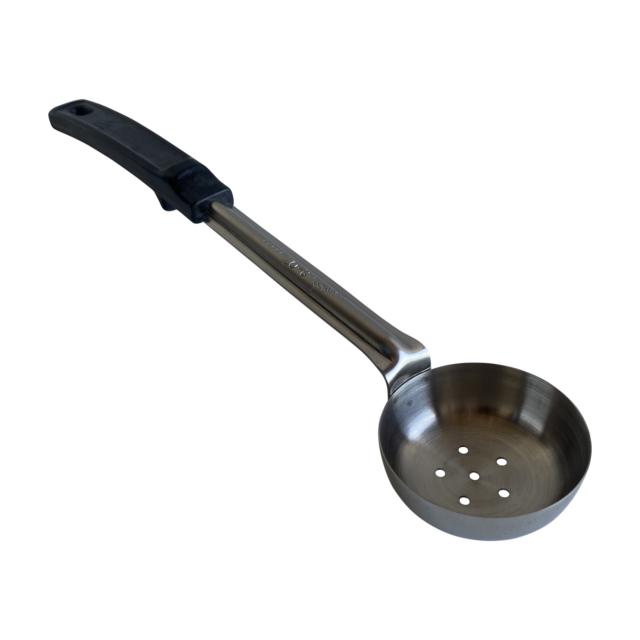 rattleware Egg Spoon Ladle, 2 oz, Perforated with Black Handle, Stainless Steel