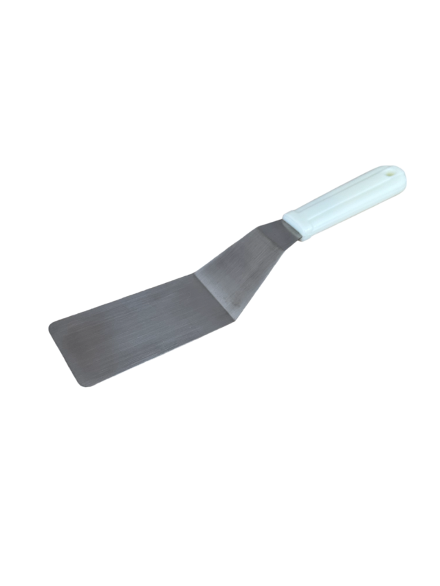 Spatula, Stainless Steel, White Plastic Handle, 4in x 2in Blade