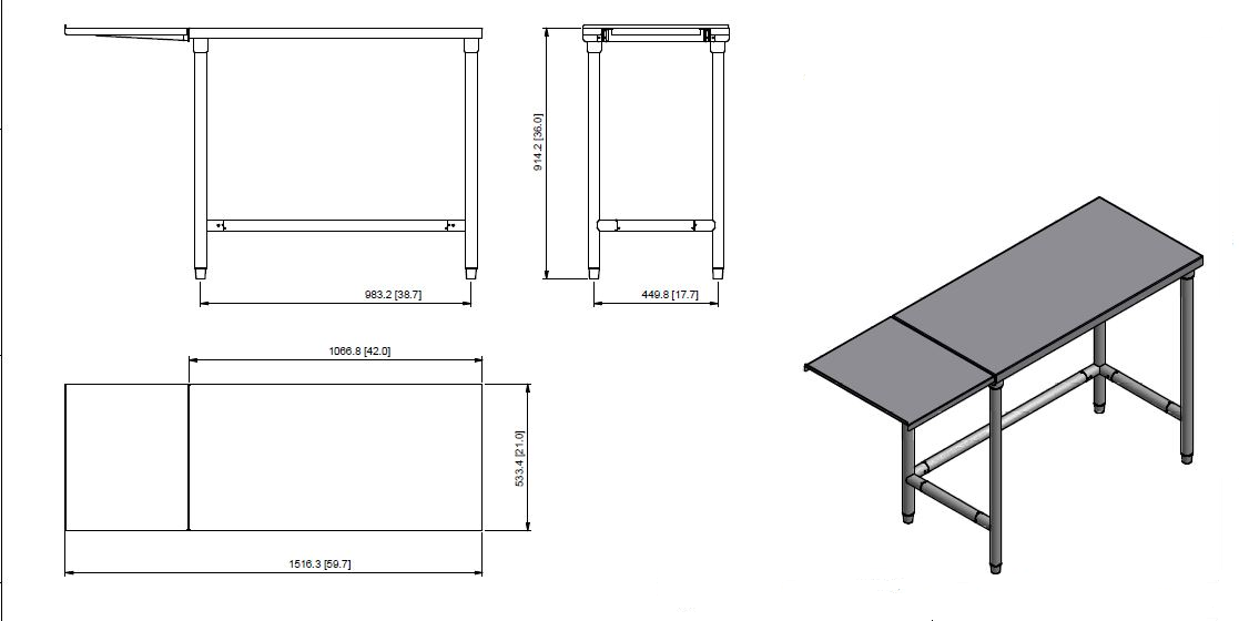 Quality Industries Table, Flat Top, 42" x 21", 18" Hinged Folding Side Shelf, Stainless Steel - Commercial Kitchen Appliance